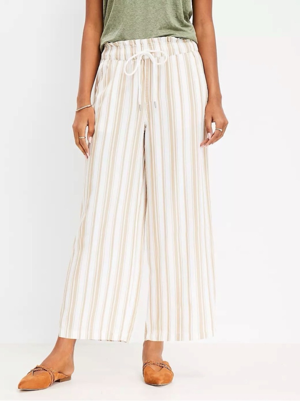 LOFT Striped Wide-Leg Drawstring Pants - Beige & White | Size Small